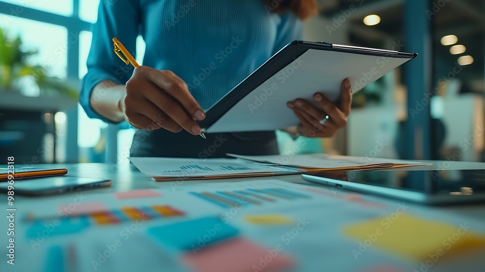 Poster Manager Organizing Paper Files While Using Tablet to Check Notes