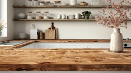 Fototapeta premium Empty wooden table top with blurred kitchen interior background for product display montage