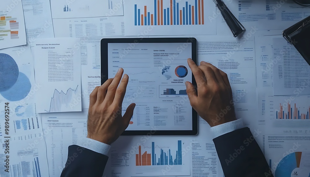 Poster manager's hands gesturing over printed report and digital tablet