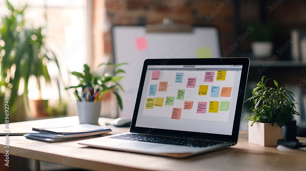 Poster digital kanban board displayed on laptop with sticky notes and whiteboard