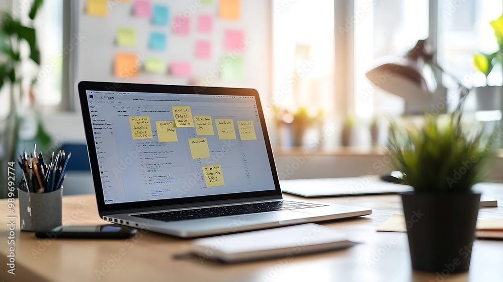 Aufkleber digital kanban board displayed on laptop with sticky notes and whiteboard