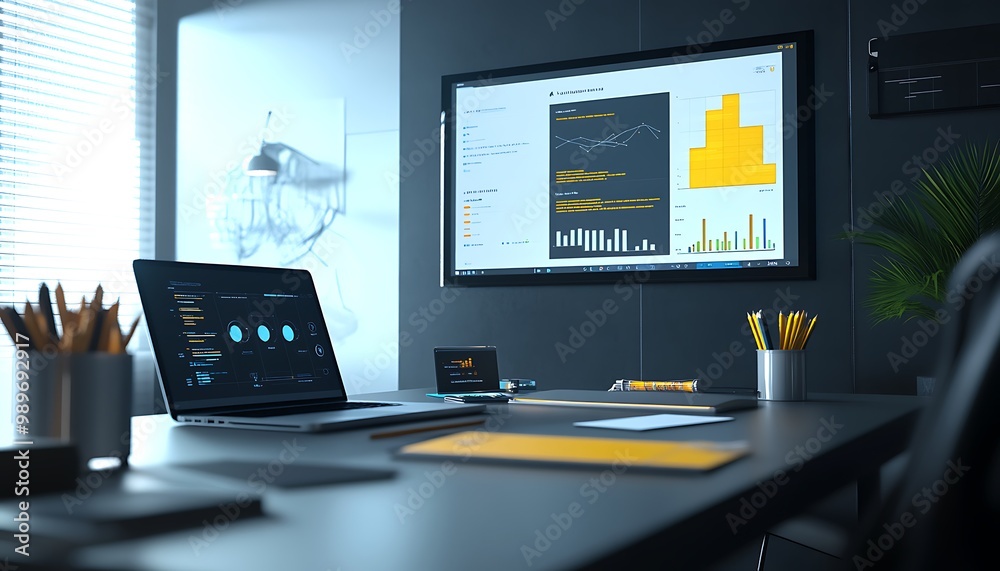 Poster modern office with digital kanban board projected on large screen