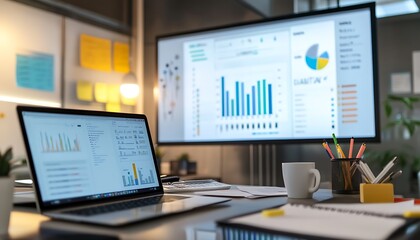 Modern Office with Digital Kanban Board Projected on Large Screen