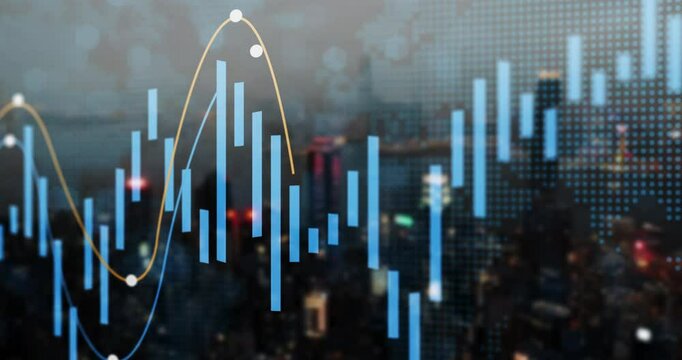Growth, digital and lines with graph in city for finance or supply chain, commodity price increase or decrease. Chart information, stock market and stats of economic inflation, cost and value or rate