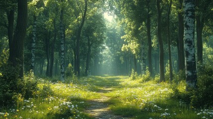 Obraz premium A serene forest path surrounded by lush greenery and flowers.