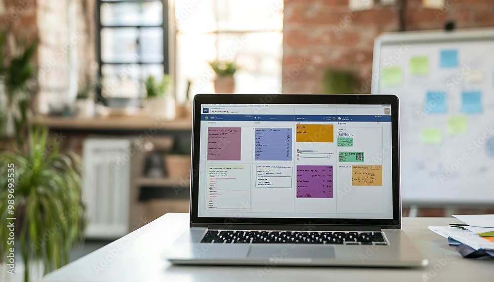 Poster laptop displaying digital kanban board with whiteboard and flowcharts