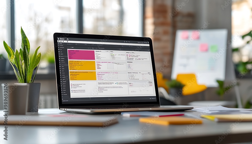 Poster laptop displaying digital kanban board with whiteboard and flowcharts