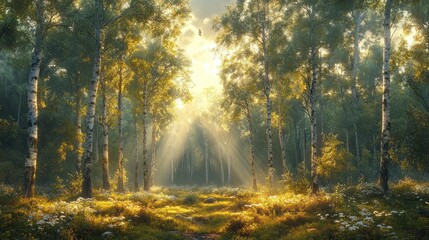 Obraz premium Serene forest with sunlight filtering through trees and flowers.