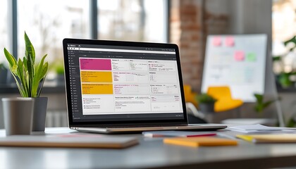 Laptop Displaying Digital Kanban Board with Whiteboard and Flowcharts