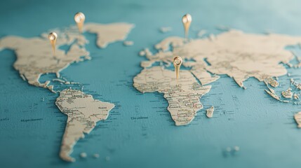 A detailed world map with pins glowing on key locations, symbolizing global business vision and expansion, with a minimalist background