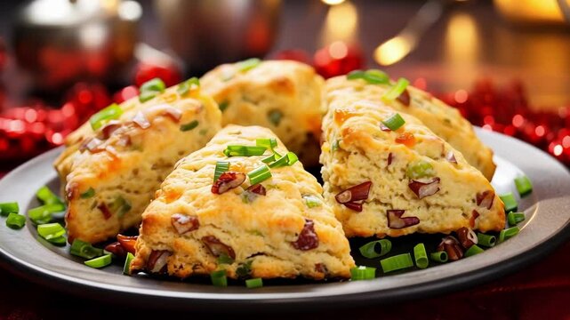 Delicious cranberry pecan scones elegantly displayed on a plate with fresh chives, twinkling christmas lights in the background. Perfect for holiday celebrations and cozy gatherings