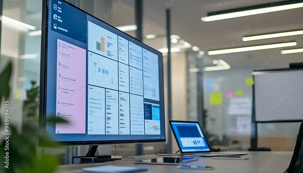 Poster digital kanban board on large touch screen with laptop and whiteboard