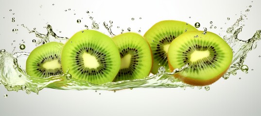 Fresh kiwi slices splashing in water, showcasing vibrant green color and healthy appeal