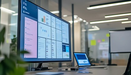 Fototapeta premium Digital Kanban Board on Large Touch Screen with Laptop and Whiteboard