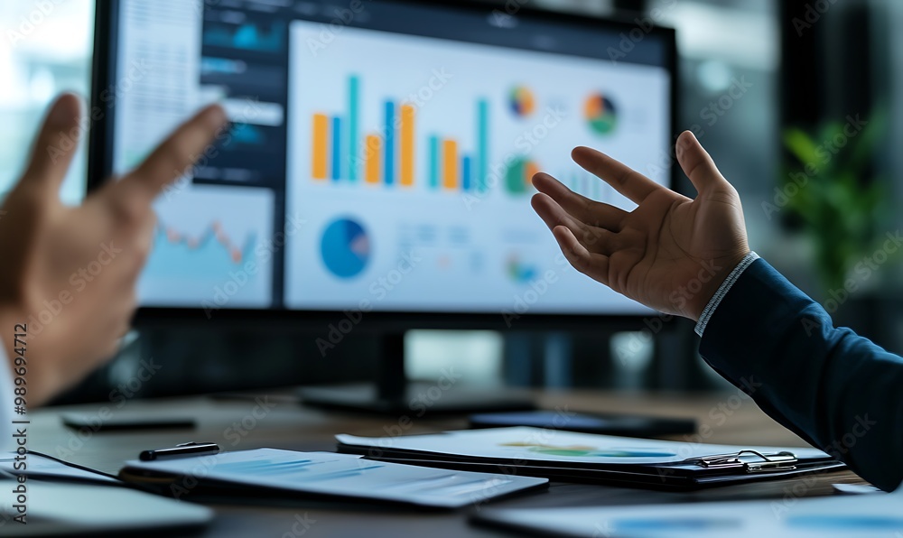 Poster close-up of hands gesturing during business presentation with digital screen