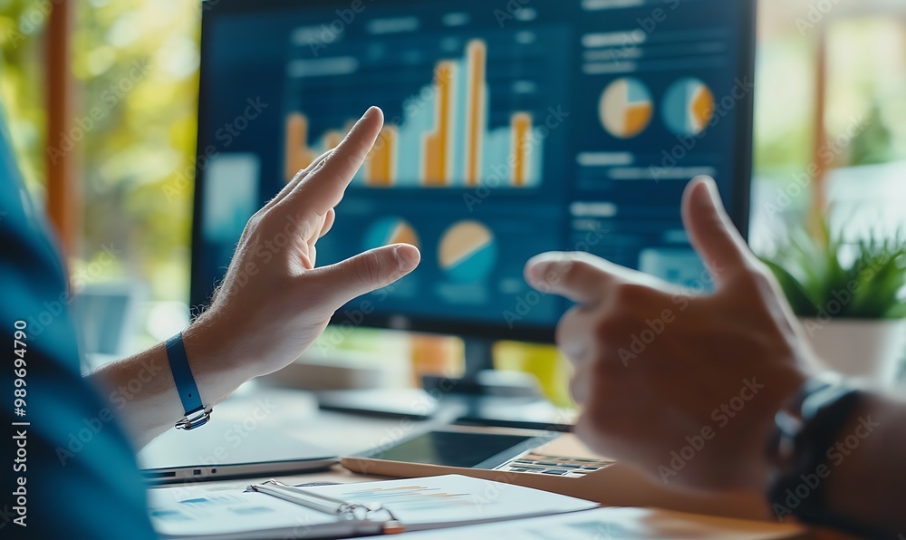Poster close-up of hands gesturing during business presentation with digital screen