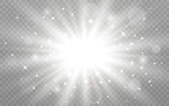 Light glow. White glowing effect. Silver shine with particles and bokeh. Bright star with radial beams. Shining sun concept. White explosion and dust. Vector illustration.