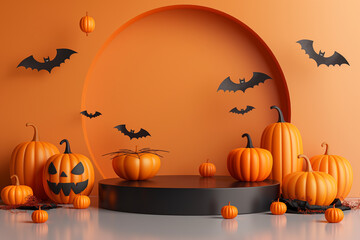 A Halloween scene with pumpkins and bats