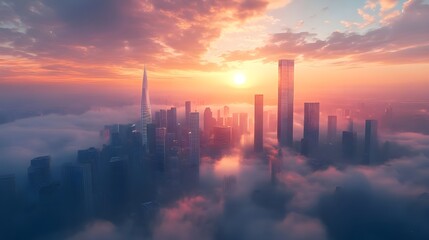 Fototapeta premium Morning fog lifts as sun rises revealing stunning city images