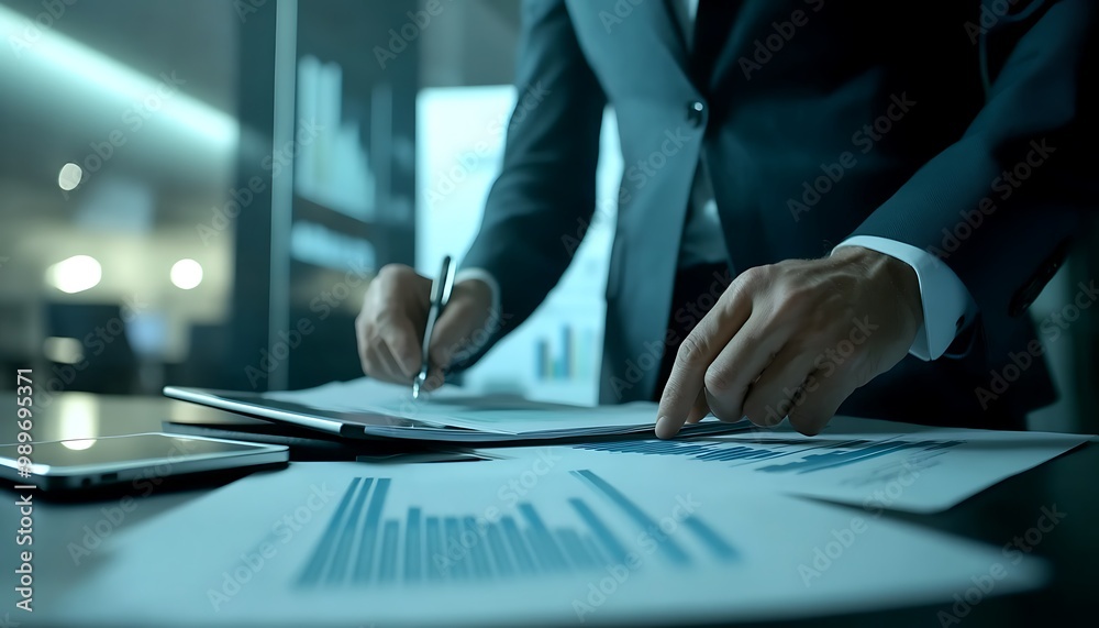 Aufkleber businessperson organizing papers into folder with tablet displaying charts