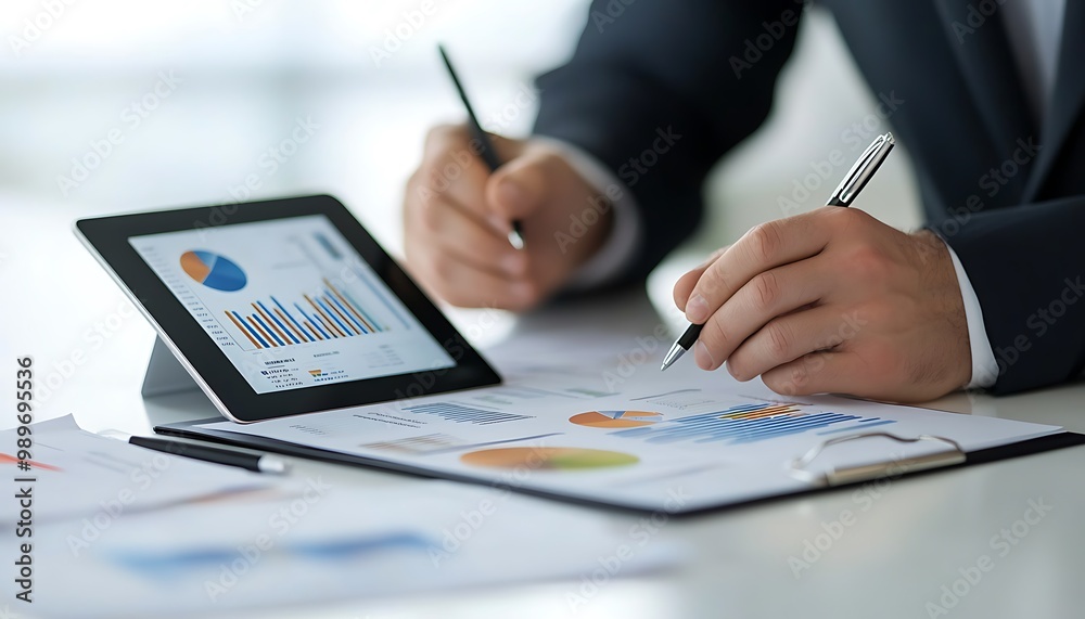 Aufkleber businessperson organizing papers into folder with tablet displaying charts