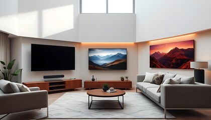 modern living room TV wall, sofa and coffee table, high-end audio sound system created with generative ai	