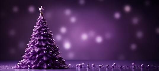 Decorative purple Christmas tree with ornaments and stars against a glowing purple backdrop