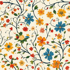 Whimsical floral pattern with colorful flowers and intertwining vines. Perfect for spring designs, wallpapers, and fabrics.