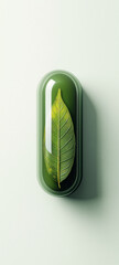 Herbal capsule with a leaf inside on a green background