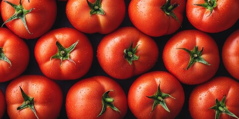 Fresh and ripe tomatoes arranged in a neat pattern. Their vibrant red color stands out beautifully. This image is perfect for food blogs and agricultural presentations. AI