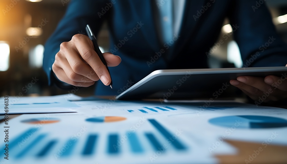 Aufkleber Close-Up of Hands Pointing at Financial Chart While Typing on Tablet
