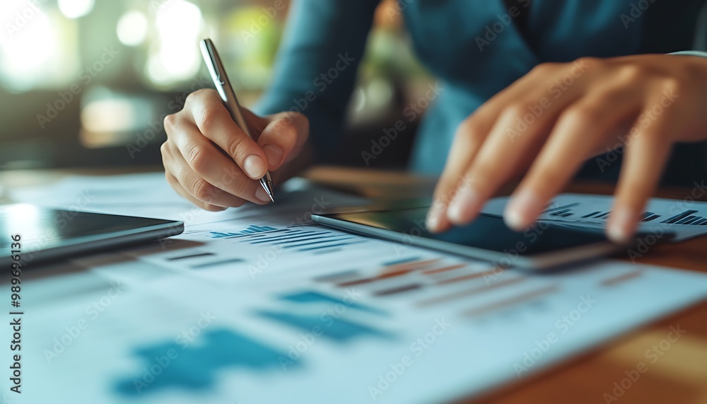 Poster close-up of hands pointing at financial chart while typing on tablet