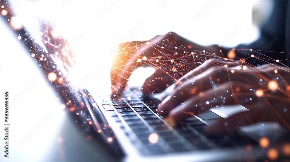 Poster double exposure of hands typing on laptop with digital network connections