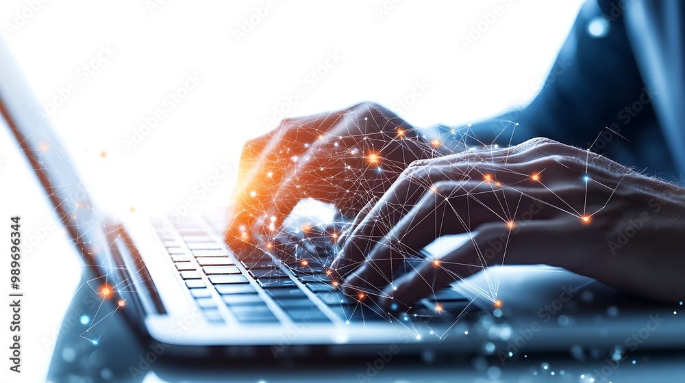 Poster double exposure of hands typing on laptop with digital network connections
