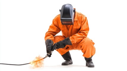 A worker in a jumpsuit uses a welding torch, creating sparks as he concentrates