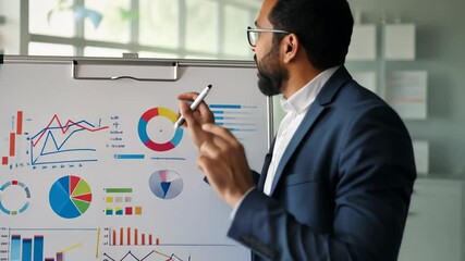 A confident professional in a tailored suit stands by a flip chart with colorful graphs, highlighting key metrics in a bright, modern office. Ideal for business articles and marketing.