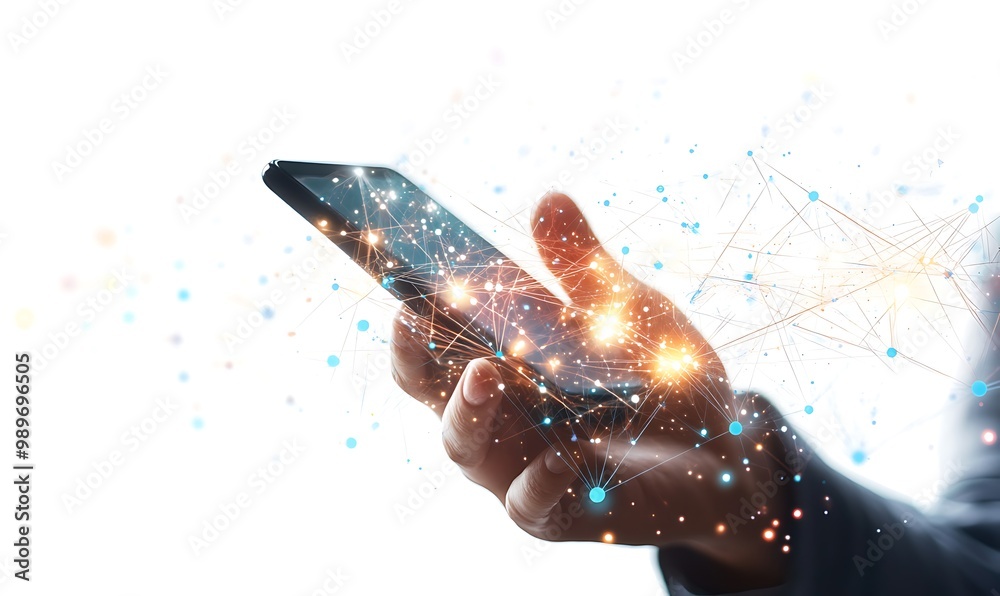 Poster hand holding smartphone with double exposure of digital graphs and connections