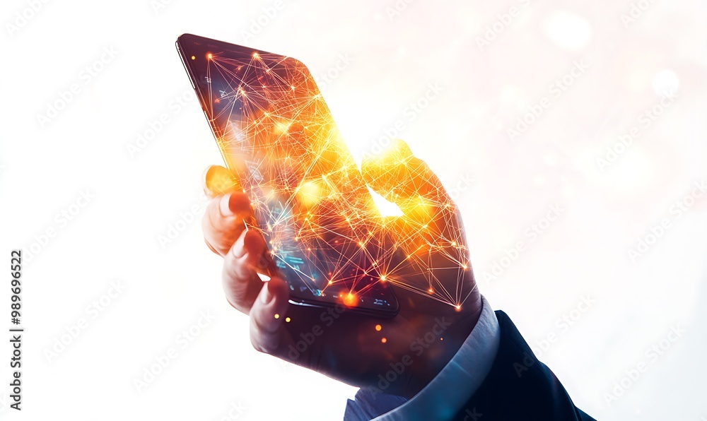 Poster hand holding smartphone with double exposure of digital graphs and connections