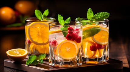 Refreshing fruit-infused drinks with mint and citrus showcasing summer vibes on a wooden table