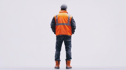 A worker in a reflective jacket and boots inspects a construction site against a white background
