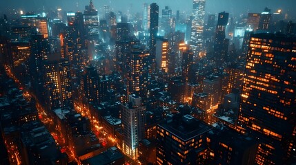 Fototapeta premium Neon-lit towers standing tall over busy city streets pictures