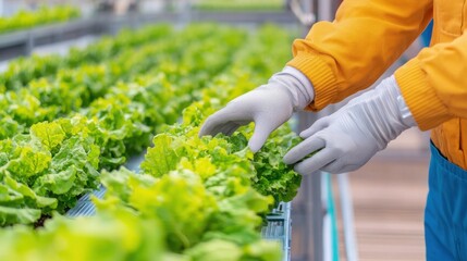 Farmer inspecting a fully automated hydroponic setup with robotic arms planting and harvesting crops