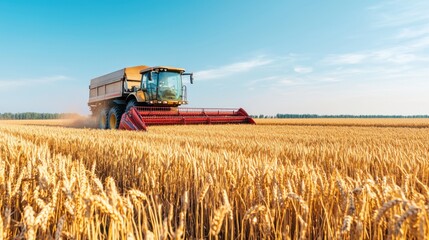 Obraz premium Combine harvester unloading grains into a trailer in a golden wheat field