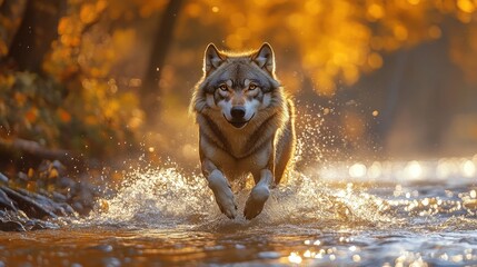 a wolf across water river at forest on golden hour 