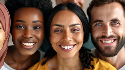 A joyful group of four diverse individuals, including women in a hijab and with curly dark hair, and a bearded man, embodies unity and inclusivity in a warm, bright setting.
