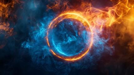 Fototapeta premium An abstract glowing ring of blue flames and smoke swirls against a dark background