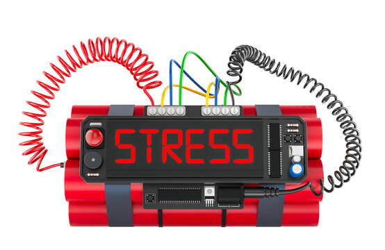 Stress concept. Time bomb explosive with stress word on timer, 3D rendering isolated on transparent background