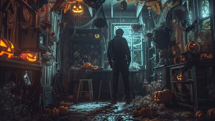 A man stands in a dimly lit, Halloween-themed room filled with pumpkins