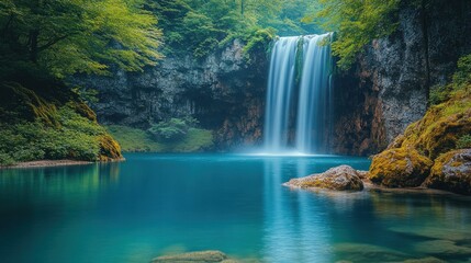 Fototapeta premium Serene Waterfall in Lush Forest