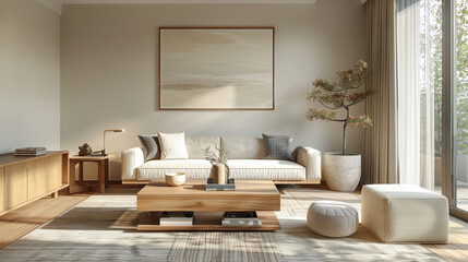 A cozy living room with minimalistic design features light color palette, natural materials, and serene atmosphere. space includes comfortable sofa, wooden furniture, and decorative plants, creating t